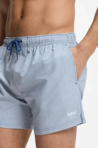 Embroidered-logo swim shorts in striped seersucker