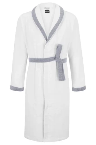 Embroidered-logo white dressing gown in cotton velvet