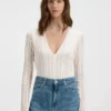 Embroidered-structure bodysuit with V neckline