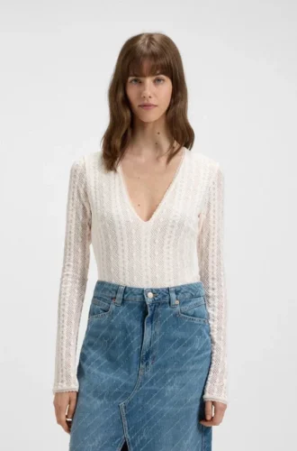 Embroidered-structure bodysuit with V neckline Embroidered-structure bodysuit with V neckline