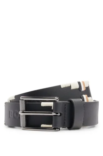 Equestrian leather belt with hand-embroidered signature stripes Equestrian leather belt with hand-embroidered signature stripes
