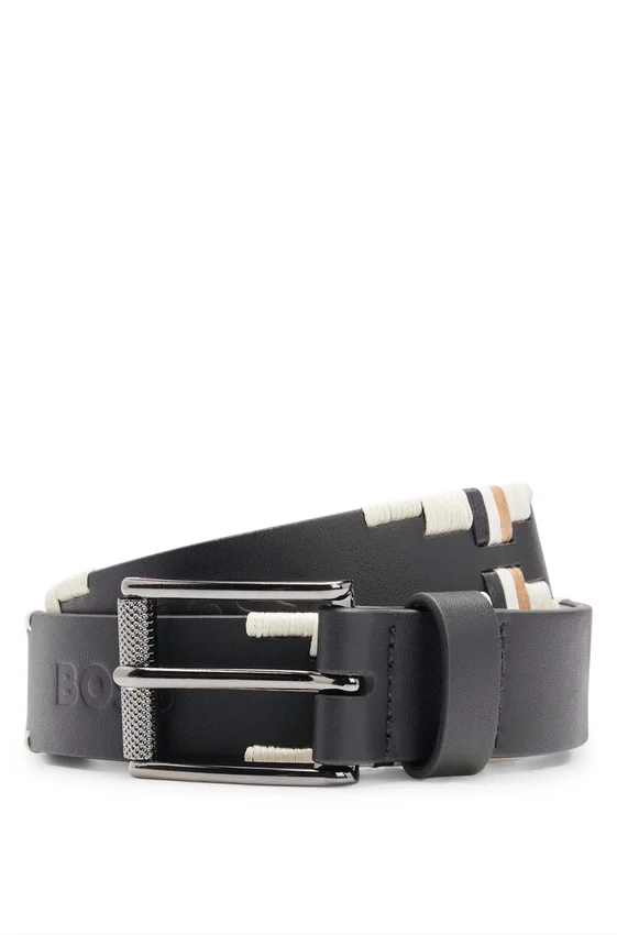 Equestrian leather belt with hand-embroidered signature stripes Equestrian leather belt with hand-embroidered signature stripes