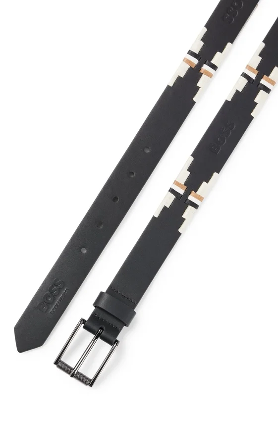 Equestrian leather belt with hand-embroidered signature stripes Equestrian leather belt with hand-embroidered signature stripes