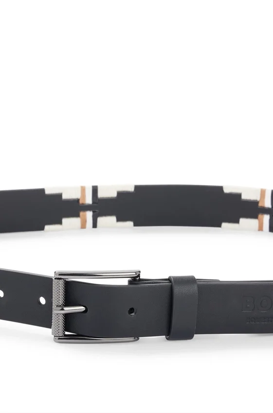 Equestrian leather belt with hand-embroidered signature stripes Equestrian leather belt with hand-embroidered signature stripes