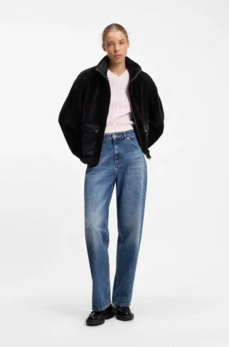 Faux fur coat with contrasting patch pockets