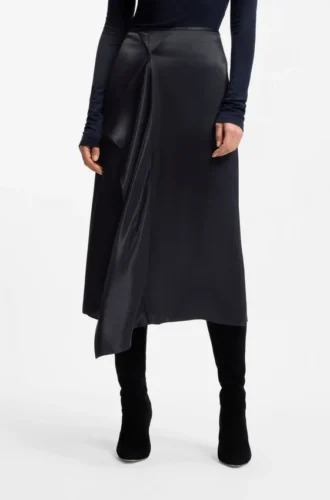 Faux-wrap midi skirt in satin