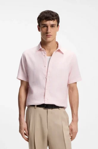 Floral-print slim-fit shirt in stretch linen