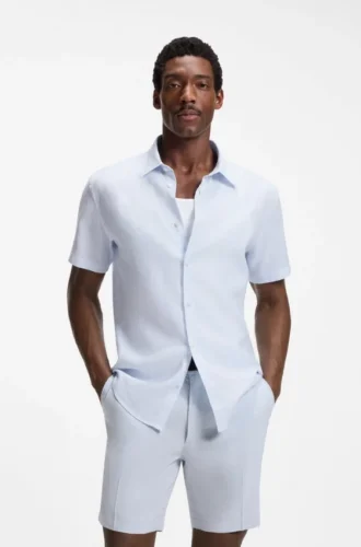 Floral-print slim-fit shirt in stretch linen