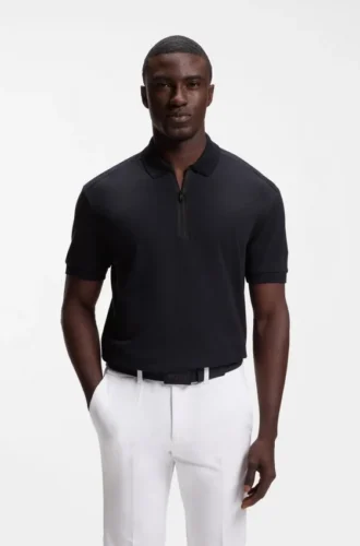Framed-zip polo shirt in waffle jacquard