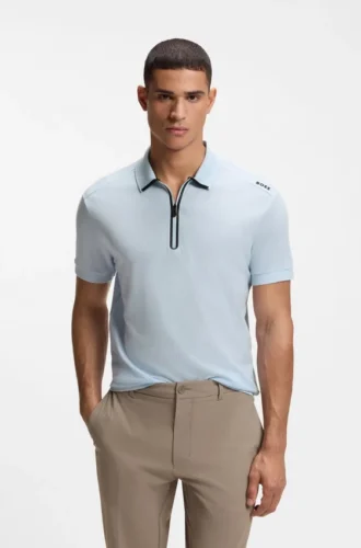 Framed-zip polo shirt in waffle jacquard