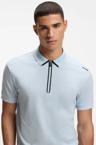 Framed-zip polo shirt in waffle jacquard