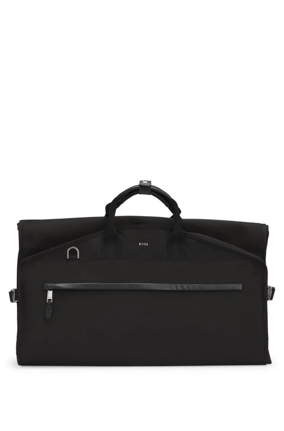 Garment bag with leather trims Garment bag with leather trims