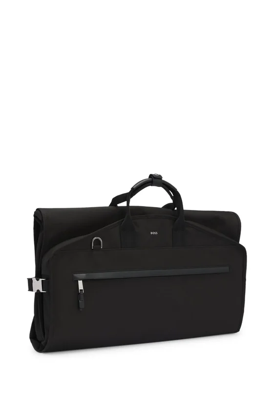 Garment bag with leather trims Garment bag with leather trims