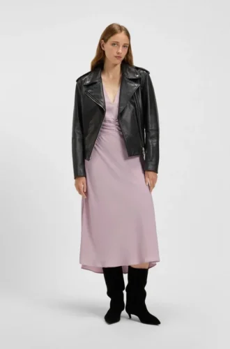 Gathered-front dress in crinkle satin