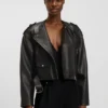 Grained-leather biker jacket with cropped length