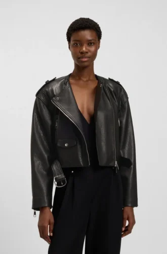 Grained-leather biker jacket with cropped length