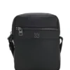 Grained reporter bag with stacked-logo trim