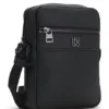 Grained reporter bag with stacked-logo trim