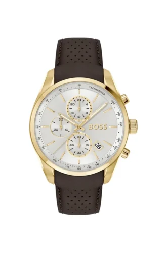 GRAND PRIX 44 Gold-tone chronograph watch with perforated leather strap