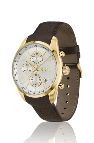 GRAND PRIX 44 Gold-tone chronograph watch with perforated leather strap