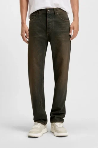 Green-cast regular-fit jeans in rigid denim