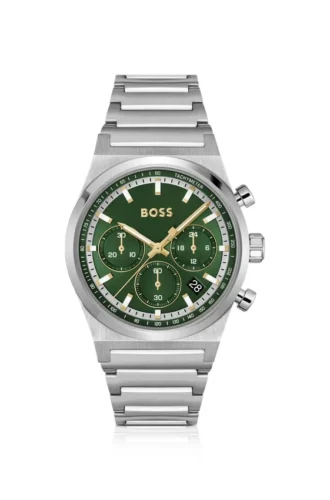 Green-dial chronograph watch in silver-tone steel