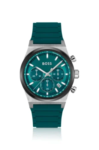 Green-dial chronograph watch with silicone strap