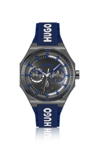 Grey-plated watch with silicone logo strap