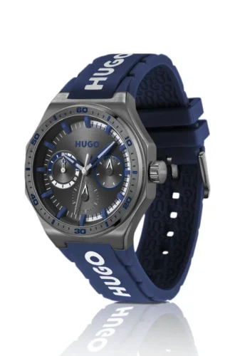 Grey-plated watch with silicone logo strap