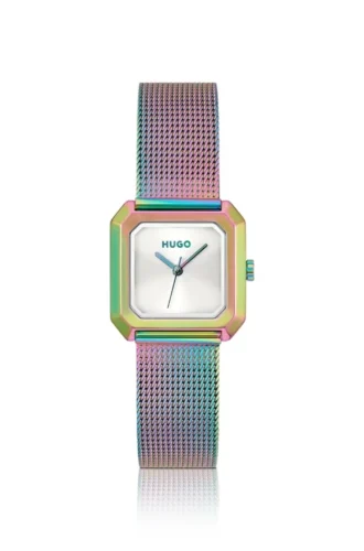 Hazel iridescent square watch with mesh bracelet