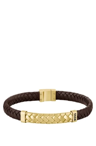 Herringbone-design cuff in brown leather