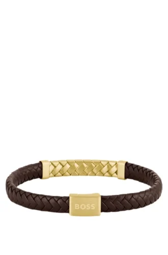 Herringbone-design cuff in brown leather