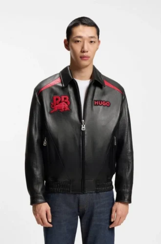 HUGO x RB leather jacket with bull motifs