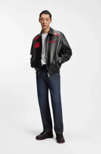 HUGO x RB leather jacket with bull motifs