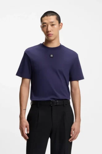 Interlock-cotton T-shirt with metallic stacked-logo badge