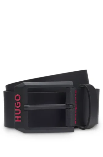 Italian-leather belt with angular logo buckle