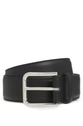 Italian leather belt with logo-engraved pin buckle