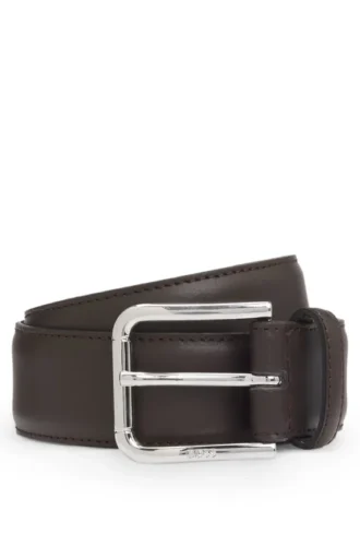 Italian leather belt with logo-engraved pin buckle
