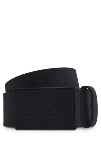 Italian leather belt with logo plaque buckle