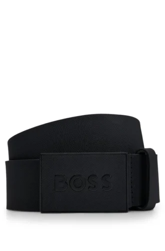 Italian leather belt with logo plaque buckle