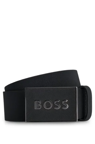 Italian leather belt with logo plaque buckle