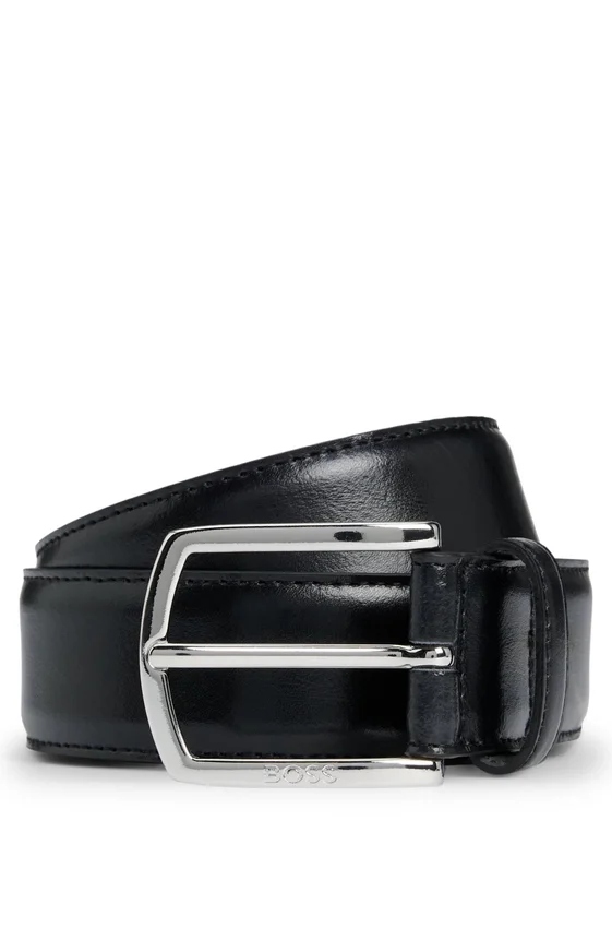 Italian-leather belt with polished logo buckle Italian-leather belt with polished logo buckle