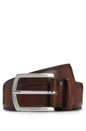 Italian-leather belt with polished logo buckle