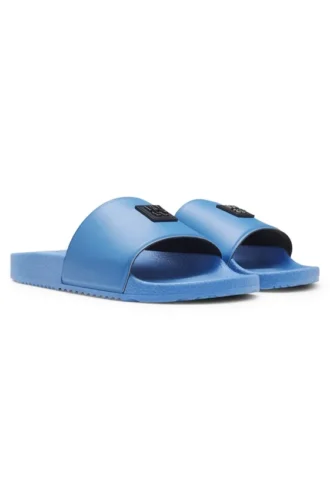 Italian-made slides with stacked-logo uppers