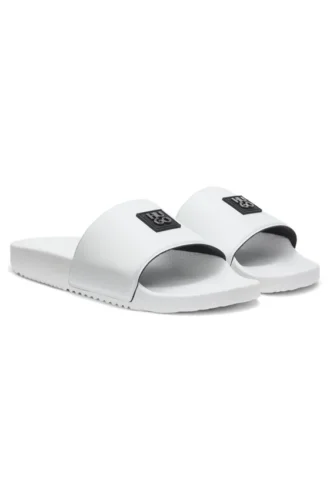 Italian-made slides with stacked-logo uppers Italian-made slides with stacked-logo uppers