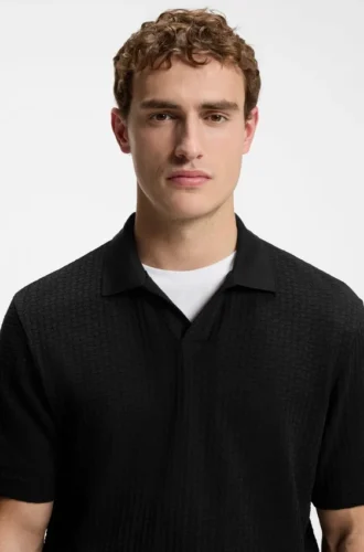 Jacquard-pattern polo shirt with Johnny collar