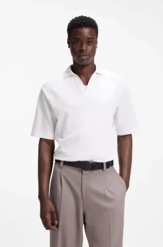 Jacquard-stripe polo shirt with Johnny collar Jacquard-stripe polo shirt with Johnny collar