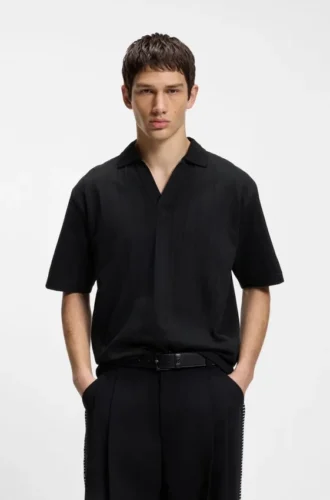 Jacquard-stripe polo shirt with Johnny collar Jacquard-stripe polo shirt with Johnny collar