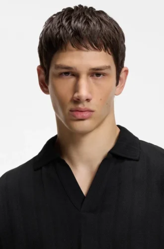 Jacquard-stripe polo shirt with Johnny collar Jacquard-stripe polo shirt with Johnny collar