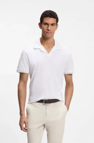 Johnny-collar polo shirt in cotton and linen